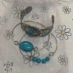 4/$15 Turquoise Stone Silver-Tone Cuff & Hoop Bracelet Set